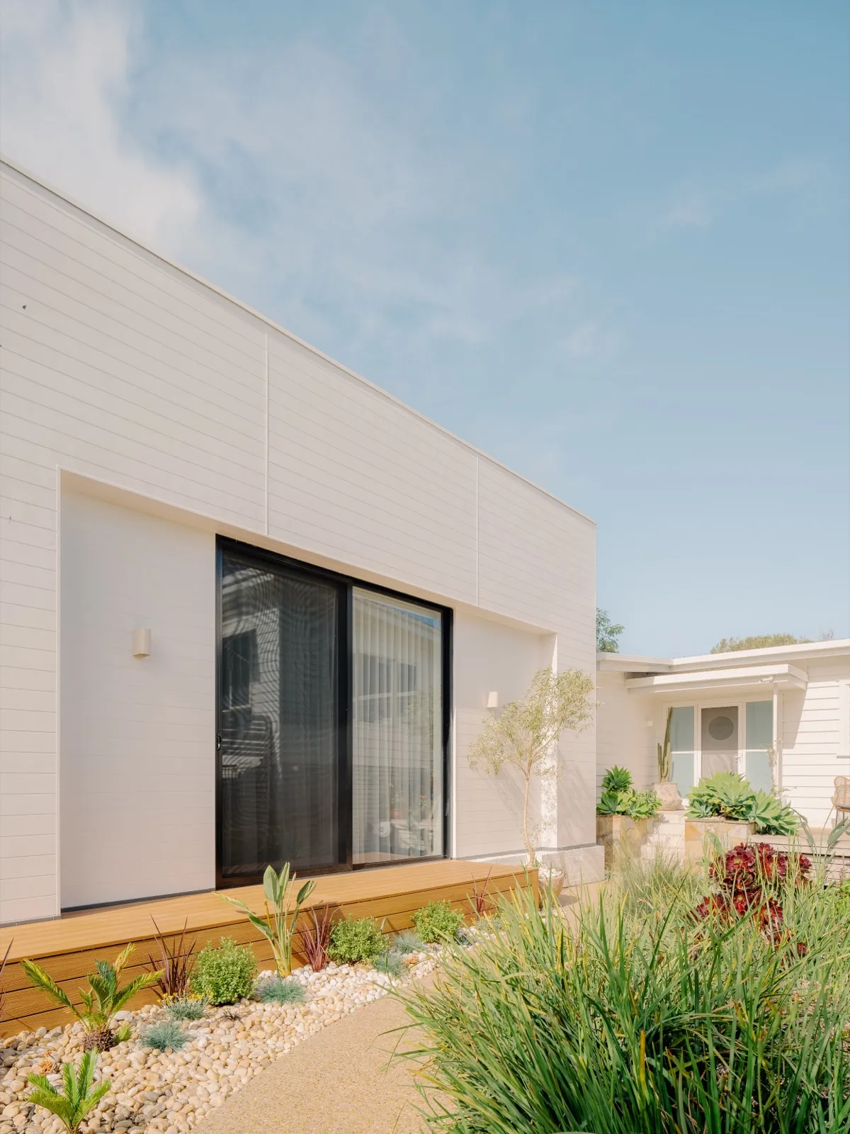 Courtyard with black-framed sliding door, timber decking, pebble border, and an aggregate path through native plantings.