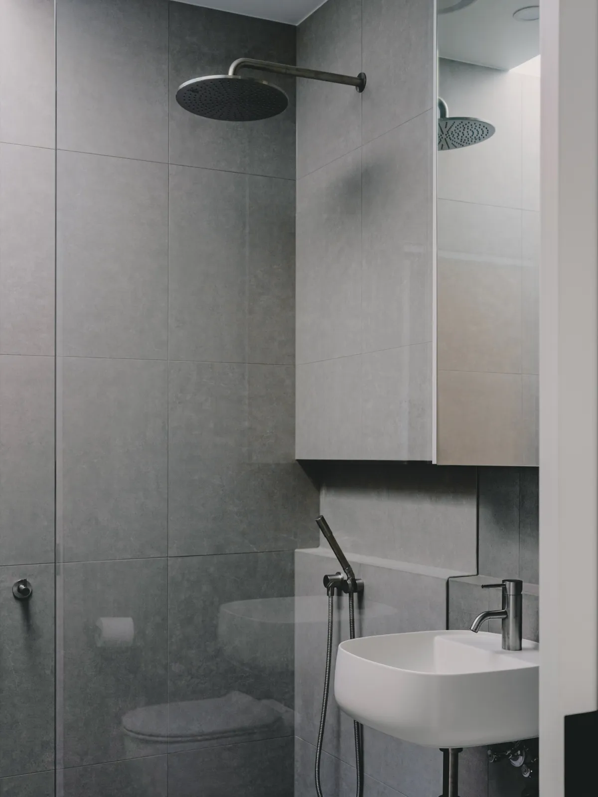 Second bathroom with walk-in shower behind glass, mirrored cabinet, and a wall-hung basin against grey tiles.